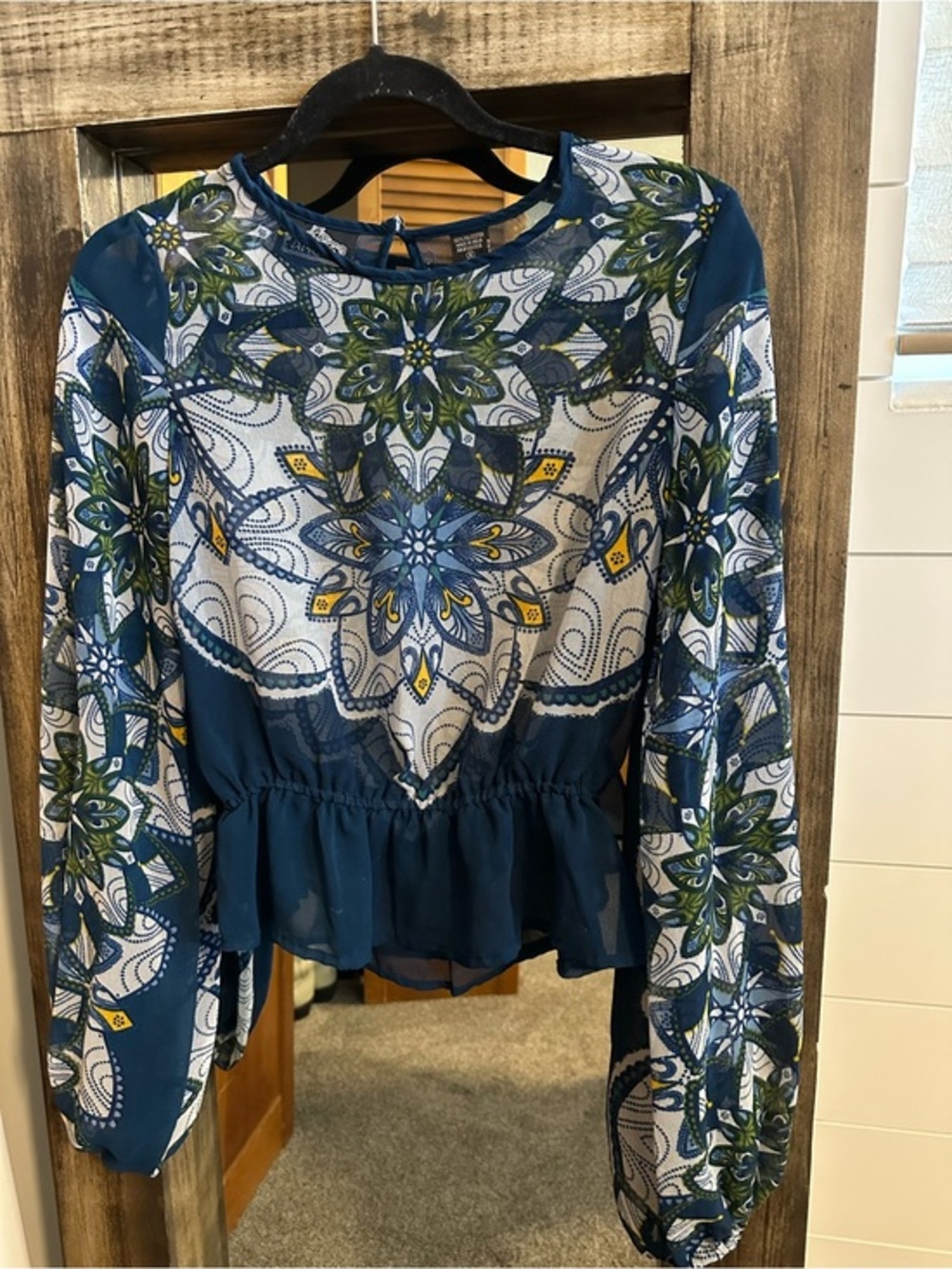 Angie Women’s Small Boho Peplum Blouse Navy Floral Medallion Print Sheer Indie